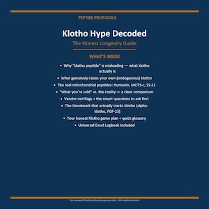 Könnte beinhalten: Ein dunkelblaues Informationsdokument mit dem Titel Klotho Hype Decoded: The Honest Longevity Guide. Es listet Inhalte auf, darunter Peptid-Erklärungen, mitochondriale Peptide wie Humanin, MOTS-c, SS-31, Warnsignale bei Anbietern und ein Universal Excel Logbuch.
