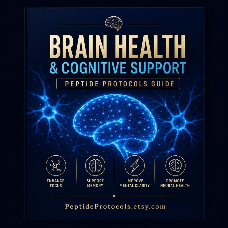 Op de afbeelding: Een donkerblauwe informatieve gids getiteld BRAIN HEALTH & COGNITIVE SUPPORT PEPTIDE PROTOCOLS GUIDE. Het bevat een gloeiende blauwe digitale hersenillustratie, neurale netwerkafbeeldingen en vier iconen voor focus, geheugen, helderheid en neurale gezondheid.