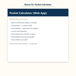 Peut inclure: Une carte d'information blanche avec un en-t&ecirc;te bleu fonc&eacute; intitul&eacute; Pocket Calculator (Web App). Le texte &eacute;num&egrave;re des fonctionnalit&eacute;s, notamment la compatibilit&eacute; avec les t&eacute;l&eacute;phones, tablettes et ordinateurs, le fonctionnement hors ligne et la d&eacute;tection automatique des types de peptides.