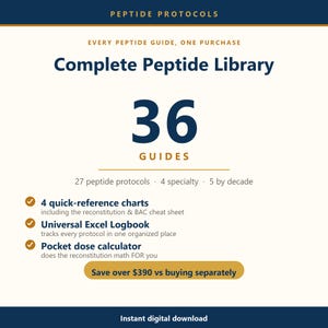 Pode incluir: Uma infografia digital intitulada Peptide Protocols Complete Peptide Library apresentando 36 guias, 27 protocolos, 4 guias especializados, 5 por década, 4 tabelas de referência rápida, um diário Excel universal e uma calculadora de dosagem.