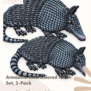 May include: A set of two armadillo embroidered patches featuring a black and light blue textured design. Each patch measures 2-1/2 inches by 1-5/8 inches. The text on the image reads Armadillo Embroidered Patch Set, 2-Pack, Armadillo animal design, 2 embroidered patches included, Easy iron-on application, 2-1/2 inches x 1-5/8 inches each.