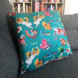 Turquoise Faux Suede cushion. Kitsch cushion, kitsch christmas, decor, hare cushion, pillow, quirky cushions, colourful patterned, Katiemo