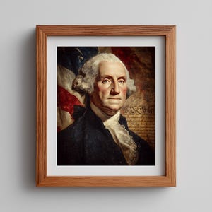 May include: A framed portrait of George Washington wearing a dark blue coat and white cravat, positioned in front of a weathered American flag and a parchment document with visible cursive text, all encased in a light brown wooden frame.