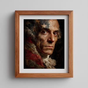 May include: A framed portrait of a historical figure with a weathered face, featuring a superimposed American flag pattern with stars and red and white stripes, set against a dark background within a light brown wooden frame.
