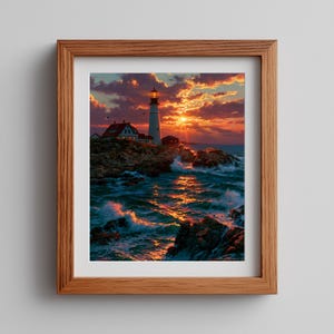 Printable Lighthouse Sunset Over Rocky Coast - Moody Coastal Landscape Art, Dramatic Ocean Painting, Nautical Wall Decor, Digital Download