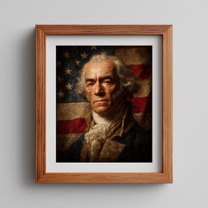 May include: A framed portrait of an older person with white hair, wearing an 18th-century style coat and cravat. The subject is positioned in front of a weathered American flag that features faint, illegible script layered over the red and white stripes.