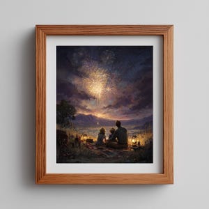 May include: A framed print depicts a family watching fireworks at dusk. The artwork shows a father and two children seated on a blanket, silhouetted against a vibrant display of golden fireworks in a dark, starry sky. Lanterns illuminate the foreground.