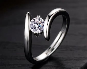 Bague bypass solitaire en argent sterling, bague de promesse réglable en zircone cubique