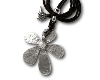 Kette große Blume Blumenkette Lederkette schwarz chrissona® design