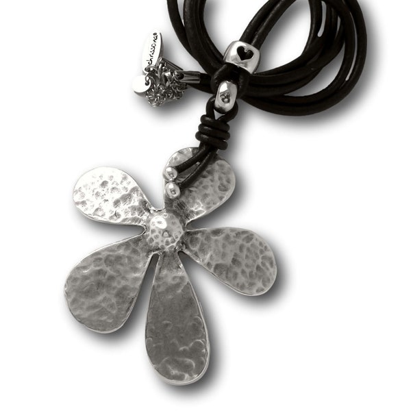 Kette große Blume Blumenkette Lederkette schwarz chrissona® design