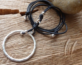 chrissona® long necklace, circle, ring, necklace, gift, woman, black leather