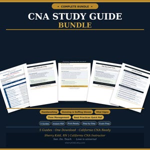 May include: A dark blue graphic with the text "CNA STUDY GUIDE BUNDLE" in white and gold. The image includes five study guides, with topics like handwashing and vital signs. The bundle is by Sherry Kidd, RN.
