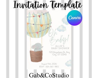 Editable Elephant Hot Air Balloon Baby Shower Invitation (Canva Template)