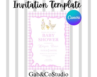 Editable Goose Baby Shower Invitation | Baby Girl Bow Invite (Canva Template)