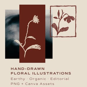 May include: A digital graphic featuring a dark red vertical rectangle with a beige line-art flower, a black and white smoky square, and a framed dark red floral sketch. Text reads: HAND-DRAWN FLORAL ILLUSTRATIONS, Earthy, Organic, Editorial, PNG + Canva Assets.