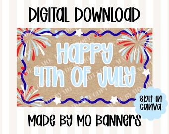 Modelo de banner para o 4 de julho | Modelo editável no Canva | Banner para o Dia da Independência | Download digital do banner