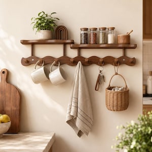 Puede incluir: Una estantería de pared de cocina de madera con dos niveles. La balda superior contiene botes de especias, un cuenco pequeño de madera y una planta en maceta. La balda inferior tiene ganchos para tazas, una toalla, llaves y una pequeña cesta de mimbre. La madera tiene un acabado marrón cálido.