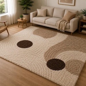 Hand Tufted Wool Shag Rug, Modern Abstract Circles, Beige Brown Scandinavian Living Room Decor