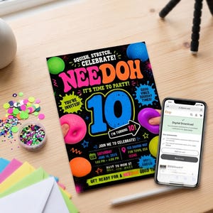 May include: A vibrant birthday party invitation for a 10-year-old, featuring the word "NEEDOH" in pink and orange. The invitation includes the date, time, and location. A smartphone displays an Etsy digital download.