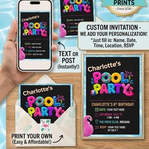 May include: Digital invitation design for a pool party, featuring the text "Charlotte's Pool Party" in colorful bubble letters. The design includes a flamingo and the option to customize the date, time, location, and RSVP information. The invitation is available as a digital file.