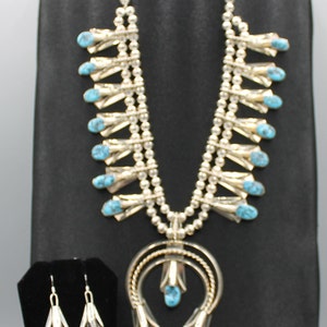 Navajo Sterling Silver Kingman Turquoise Squash Blossom Necklace and Earring Set
