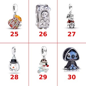 May include: A collection of six silver-toned metal charms labeled 25 through 30. The charms feature designs including a pirate treasure bag, a crystal-encrusted bead, a bear in a red shirt, a jack-o'-lantern, a dog on a scooter, and a blue creature.