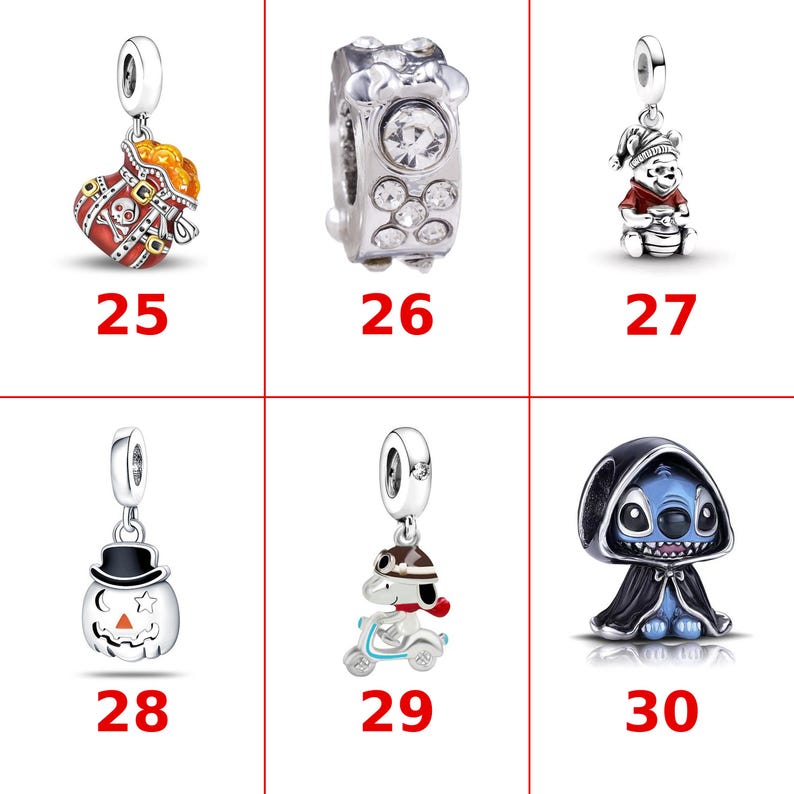 May include: A collection of six silver-toned metal charms labeled 25 through 30. The charms feature designs including a pirate treasure bag, a crystal-encrusted bead, a bear in a red shirt, a jack-o'-lantern, a dog on a scooter, and a blue creature.