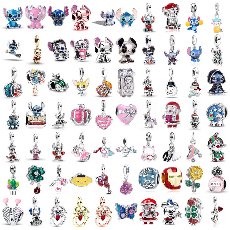 Stitch Charm S925 Sterling Silver, Lilo Stitch Angel Dangle Bead, Fits Pandora Bracelet, Xmas Gift for Her, Cartoon Character European Charm image 1