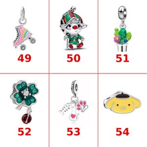 May include: A collection of six silver charms featuring a pink roller skate with a rainbow, a festive elf, a potted cactus, a green four-leaf clover with a ladybug, a cat-themed charm with a fish bone and paw print, and a yellow dog face.