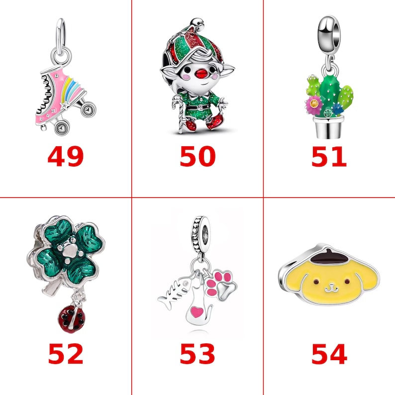 May include: A collection of six silver charms featuring a pink roller skate with a rainbow, a festive elf, a potted cactus, a green four-leaf clover with a ladybug, a cat-themed charm with a fish bone and paw print, and a yellow dog face.