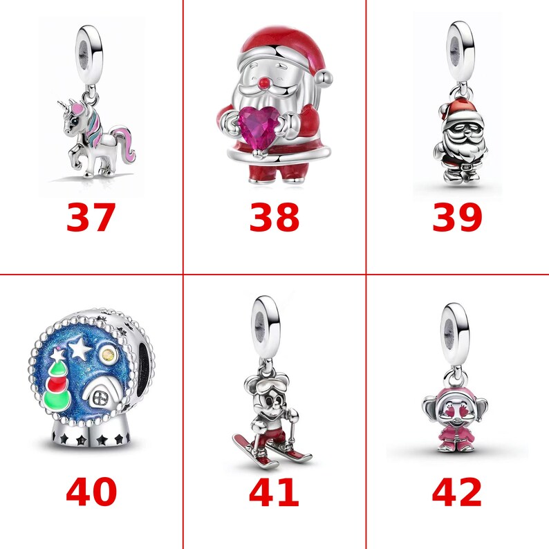 May include: A collection of six silver charms labeled 37 through 42. The charms feature a unicorn, a Santa Claus holding a red heart, a small Santa Claus, a blue snow globe with a tree and house, a skier, and a pink character with heart eyes.