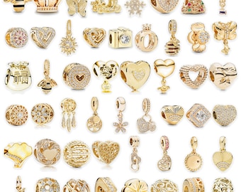Pandora Charms Gold 14K vergoldet 925 Sterling Silber, passend für Pandora Armband, Herz Krone Schmetterling Charm Beads, Geburtstagsgeschenk für Sie