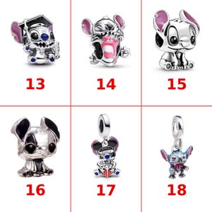 May include: A collection of six silver-toned metal charms featuring the character Stitch in various poses and outfits, labeled with the numbers 13 through 18. The charms include details in pink, blue, and black enamel, showcasing different expressions.