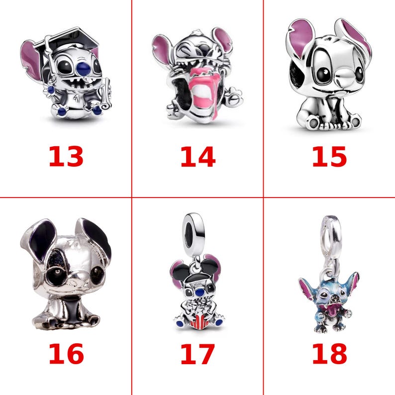 May include: A collection of six silver-toned metal charms featuring the character Stitch in various poses and outfits, labeled with the numbers 13 through 18. The charms include details in pink, blue, and black enamel, showcasing different expressions.