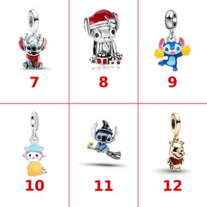 May include: A collection of six silver-toned metal charms featuring various characters. The charms include Stitch with reindeer antlers, Stitch in a Santa hat, Stitch with yellow pom-poms, a character in a yellow coat, Stitch on a broom, and Winnie the Pooh.