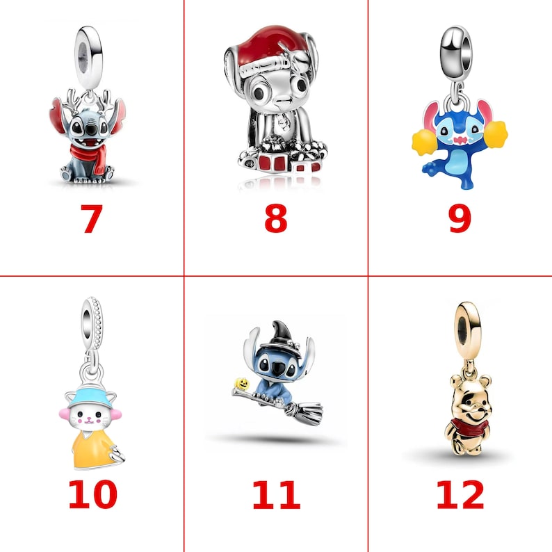 May include: A collection of six silver-toned metal charms featuring various characters. The charms include Stitch with reindeer antlers, Stitch in a Santa hat, Stitch with yellow pom-poms, a character in a yellow coat, Stitch on a broom, and Winnie the Pooh.