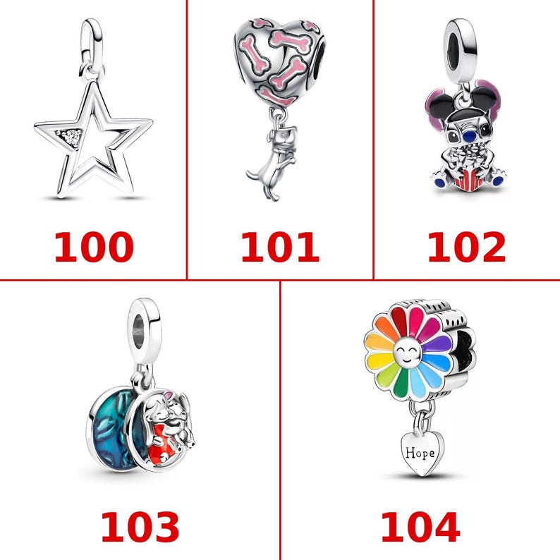 K&ouml;nnte beinhalten: F&uuml;nf silberfarbene Metallanh&auml;nger, nummeriert von 100 bis 104. Anh&auml;nger 100 ist ein Stern mit einem kleinen Stein. 101 ist ein Herz mit rosa Knochen und einem Hund. 102 ist eine Figur mit schwarzen Ohren. 103 zeigt einen blauen Mond und zwei Figuren. 104 ist eine Regenbogenblume mit einem Herzanh&auml;nger, auf dem Hope steht.