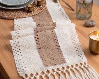 Boho Woven Table Runner, Textured Cream Tan Fringe, Rustic Farmhouse Linens