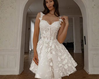 Bestickte florale Spitze Mini Kleid, ärmellose Sweetheart Mieder, standesamtliche Hochzeit Outfit