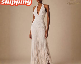 Handmade Pearl Beaded Fringe Maxi Dress | Elegant Bridal Reception, Cocktail Party & Formal Evening Gown