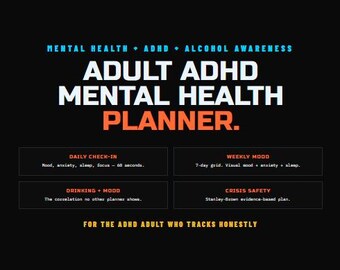 Adult ADHD Mental Health Planner | Mood, Anxiety, Sleep, Drinking Tracker (PDF)
