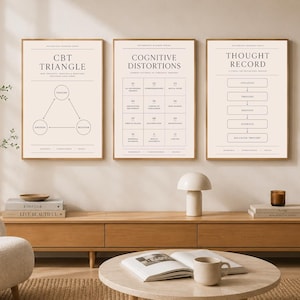 May include: Three framed wall art prints with a light beige background and black text. The prints display psychological diagrams titled CBT Triangle, Cognitive Distortions, and Thought Record, featuring structured charts, numbered lists, and arrows.