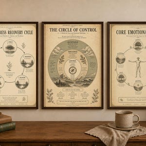 May include: Three framed wall posters with a vintage aesthetic, featuring educational diagrams titled The Stress Recovery Cycle, The Circle of Control, and Core Emotional Needs. Each print displays black text and illustrations on a beige background.