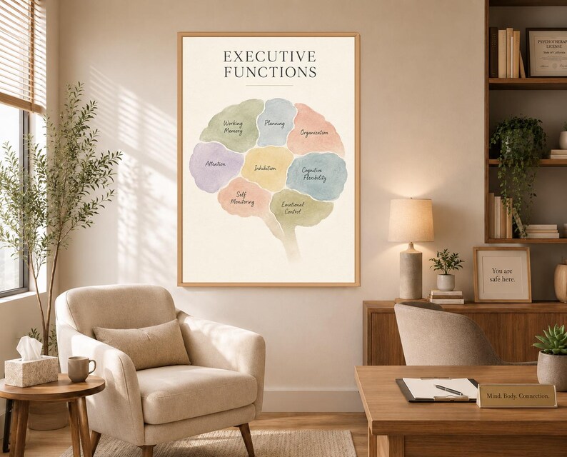 Wydruk funkcji wykonawczych, plakat funkcji mózgu, dekoracja gabinetu terapeutycznego, grafika ścienna dla szkolnego psychologa, dekoracja logopedyczna, akwarelowy mózg zdjęcie 4