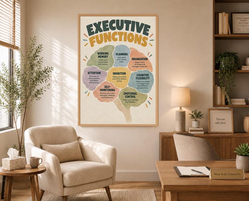 Może przedstawiać: Oprawiony plakat ścienny zatytułowany EXECUTIVE FUNCTIONS przedstawiający ilustrację m&oacute;zgu podzieloną na kolorowe segmenty. Każdy segment zawiera tekst opisujący procesy poznawcze, takie jak pamięć robocza, planowanie, organizacja, uwaga i hamowanie.