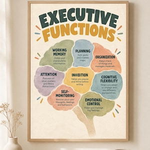 May include: A framed educational poster titled EXECUTIVE FUNCTIONS featuring a stylized brain illustration divided into colorful sections. Each section labels and defines cognitive skills including working memory, planning, organization, attention, inhibition, cognitive flexibility, self-monitoring, and emotional control.