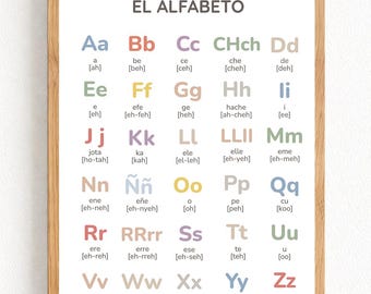 May include: A framed educational wall art print titled EL ALFABETO, featuring the Spanish alphabet in a grid layout. Each letter is displayed in uppercase and lowercase with its corresponding name and phonetic pronunciation in muted pastel colours.