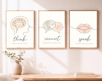 May include: Three framed wall art prints featuring black line art on a white background. The first shows a brain with a heart, labeled 'think IDEAS BEGIN HERE'. The second shows two speech bubbles, labeled 'connect BRIGHTER CONNECTIONS'. The third shows lips, labeled 'speak EVERY VOICE MATTERS'.
