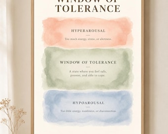 May include: A framed wall art print titled Window of Tolerance featuring three watercolor-style rectangular blocks in peach, sage green, and light blue. The text defines hyperarousal, window of tolerance, and hypoarousal with descriptive subtext.