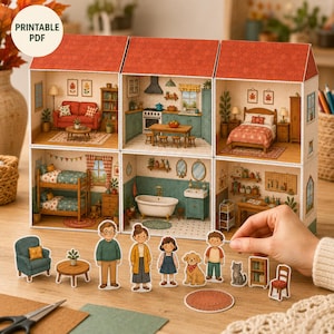 Könnte beinhalten: Ein druckbares PDF-Puppenhaus-Set mit sechs detaillierten Räumen, roten Dächern und verschiedenen Möbeln. Enthält Papierfiguren von zwei Erwachsenen, zwei Kindern, einem Hund, einer Katze sowie diverse Miniaturmöbel wie Stuhl und Tisch.